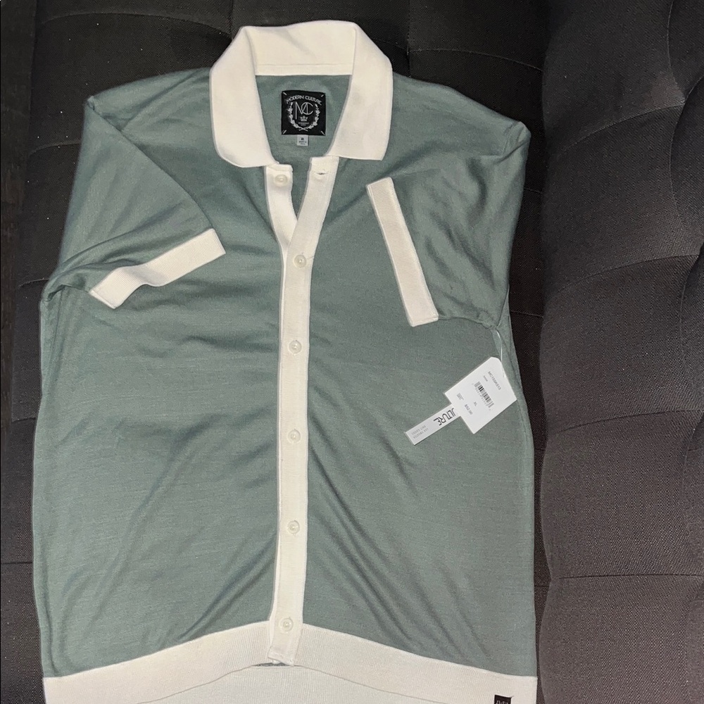 Men's Two-Tone Knit Cardigan Polo - Sage Green/White